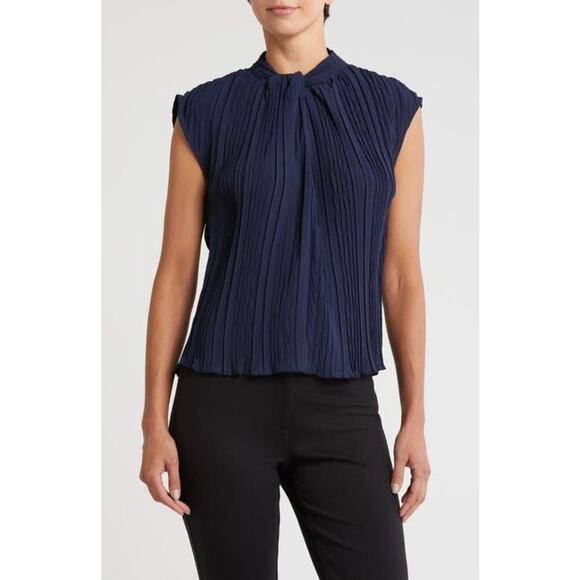 Melloday pleated design flutter sleeve women's blouse navy blue Sz Small office - Picture 1 of 7